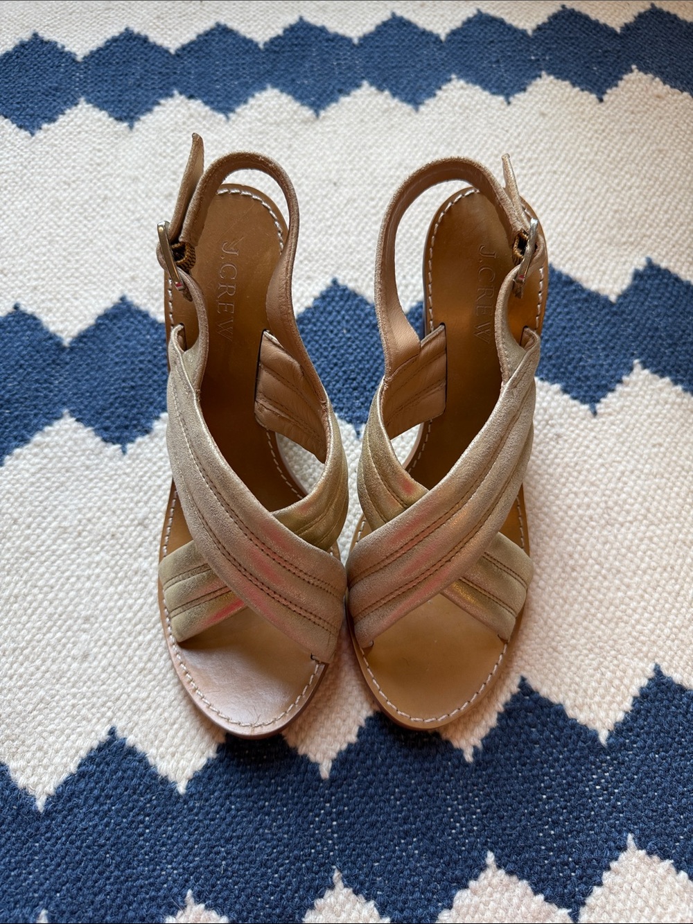 J. Crew Brushed Gold Crisscross Block Heels